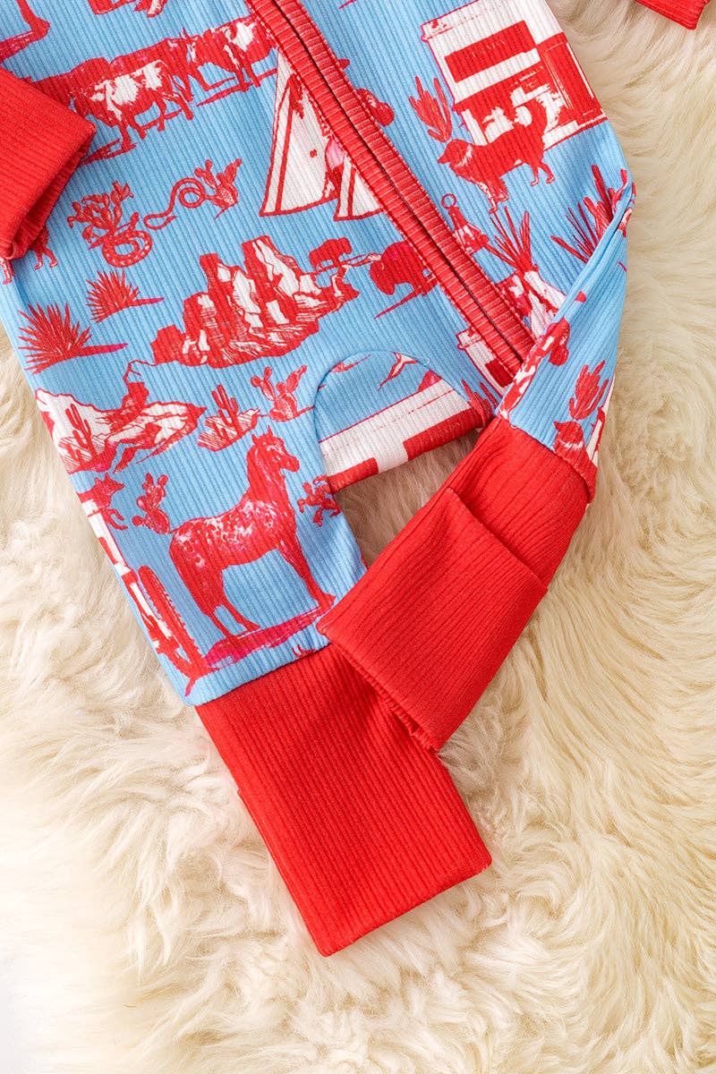 On the Trail | Blue & red western baby onesie w/zipper