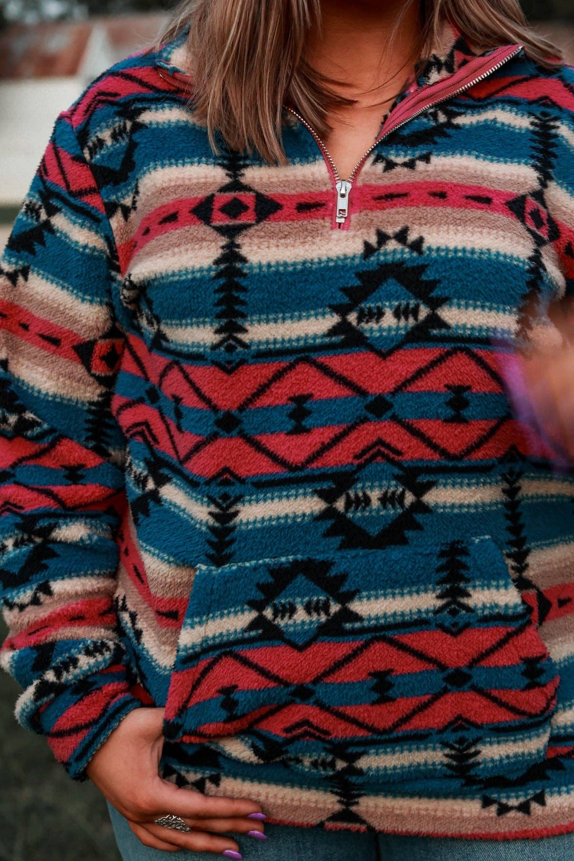 Bold Moves Aztec Sherpa Quarter Zip Pullover