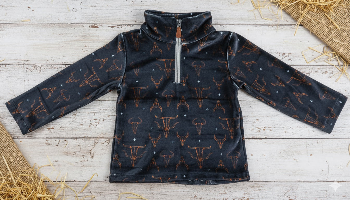 Boho Western Steer Plush Quarter Zip Pullover