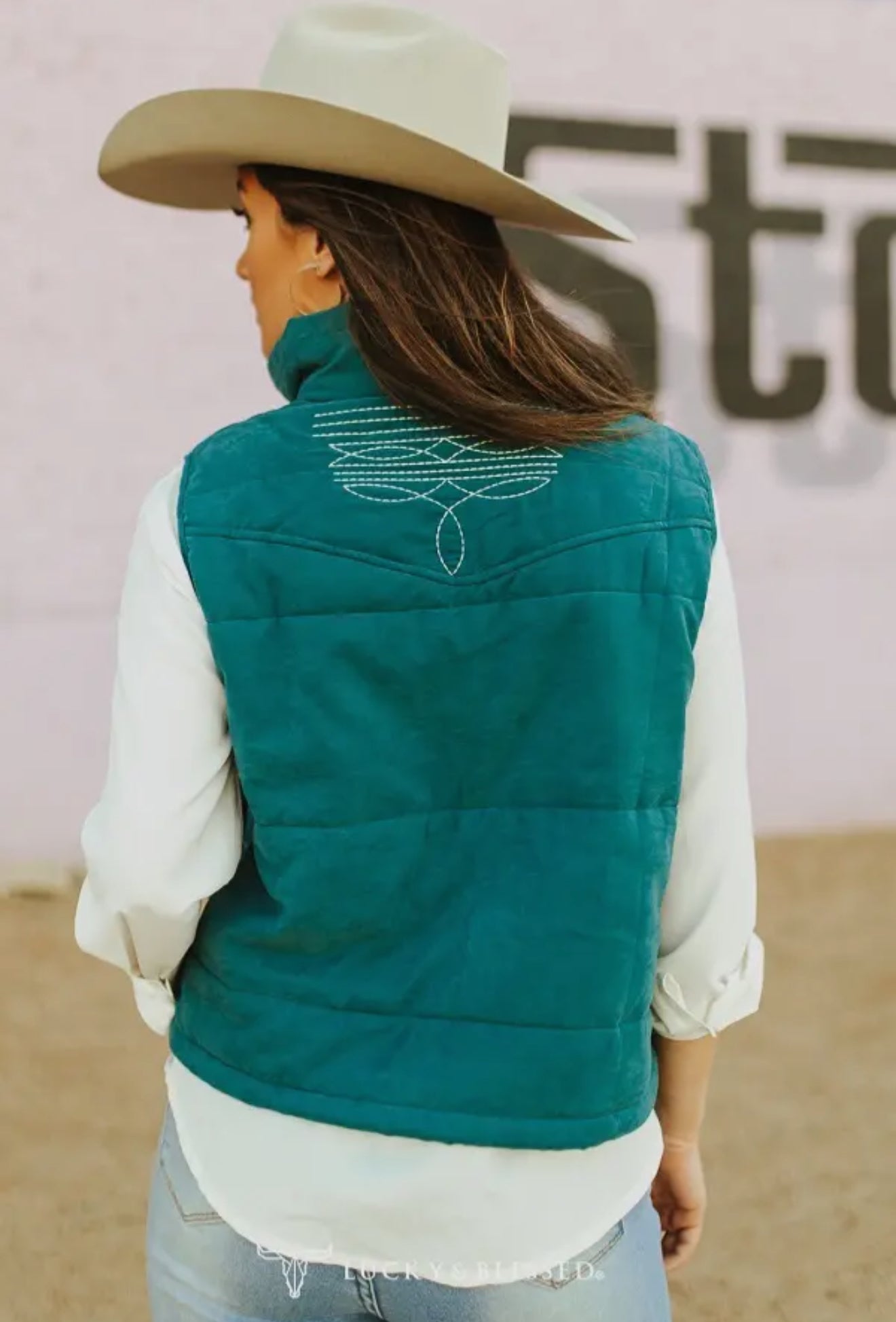 Womens Teal Puffer Boot Stitch Embroidered Vest