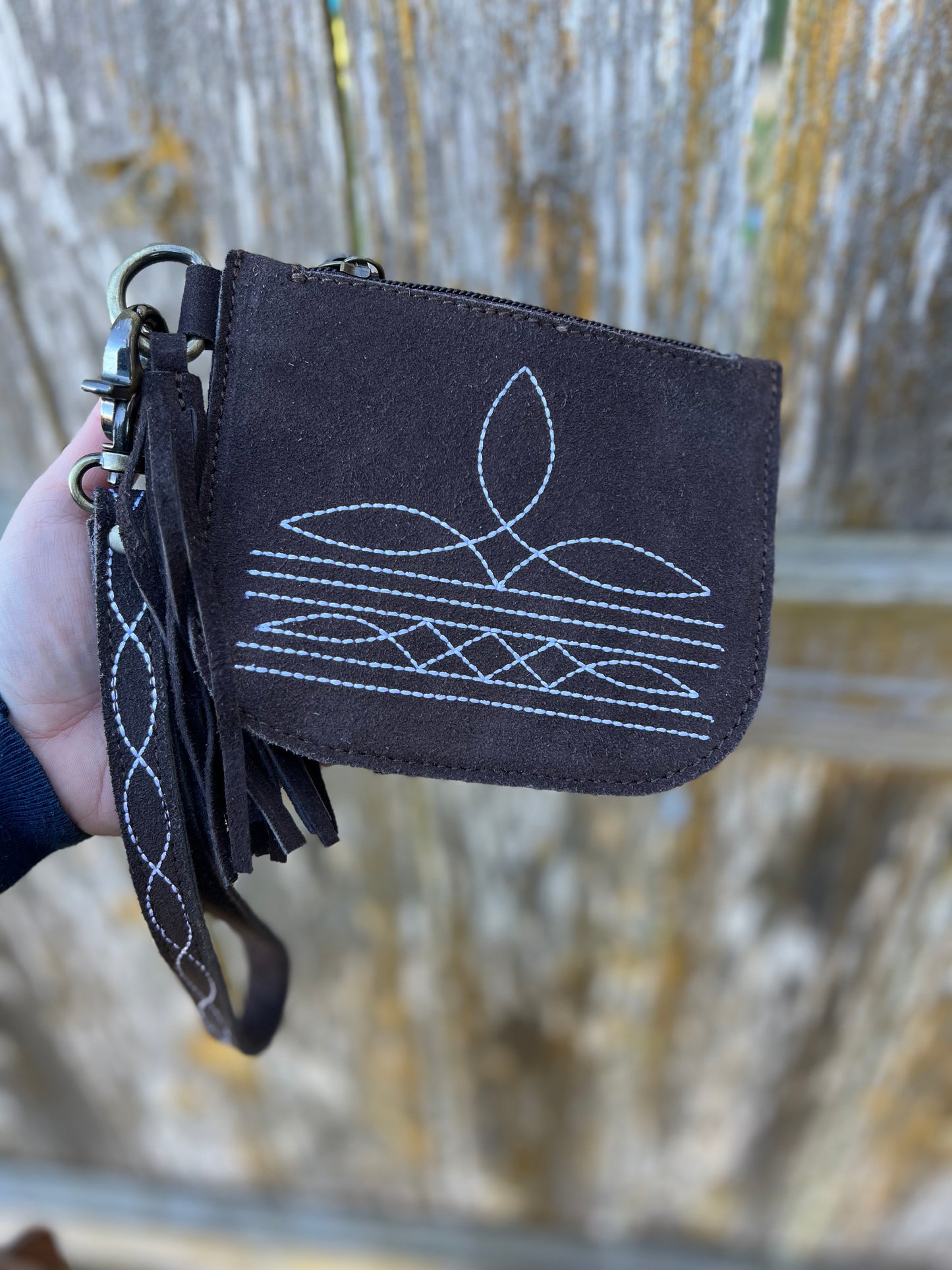 Suede Boot Stitch Wristlet Wallet