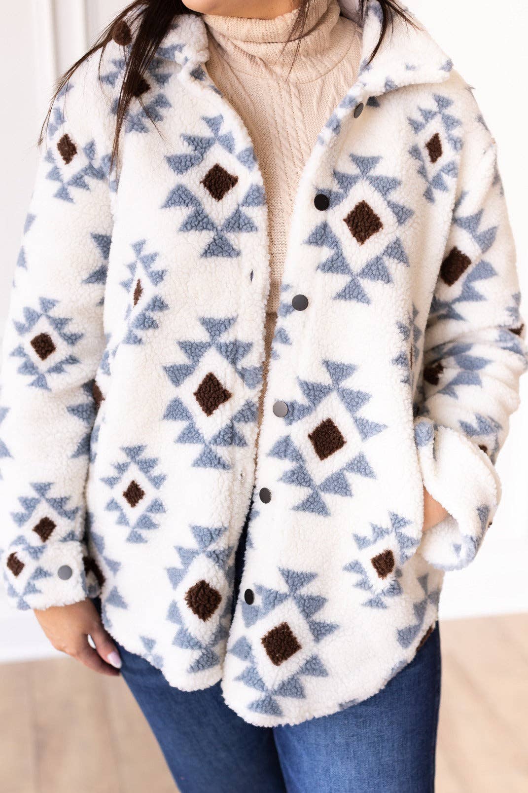 Ivory Aztec Pattern Button Down Sherpa Jacket