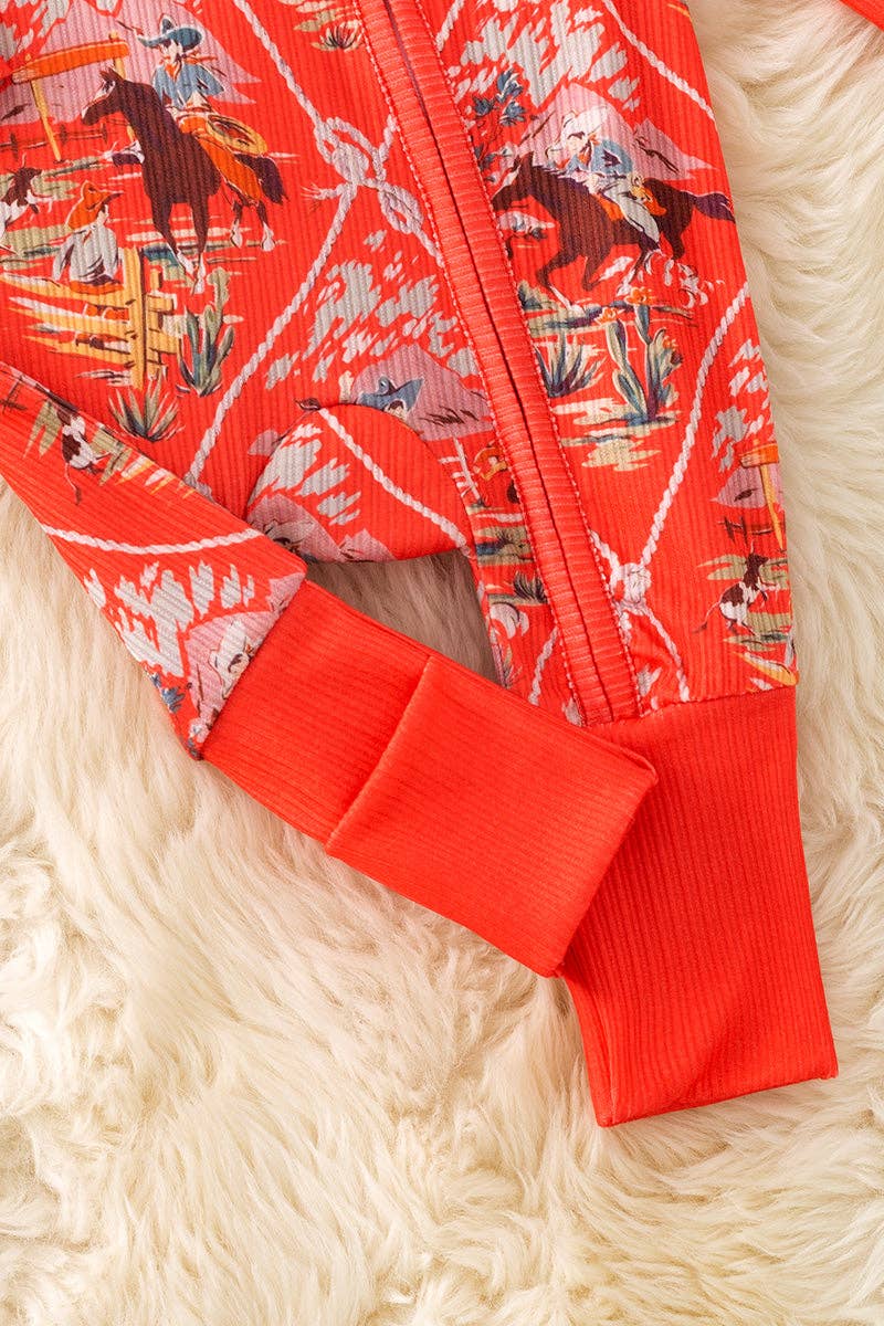 Vintage Western Toile | Red Orange Western Baby Zipper Onesie