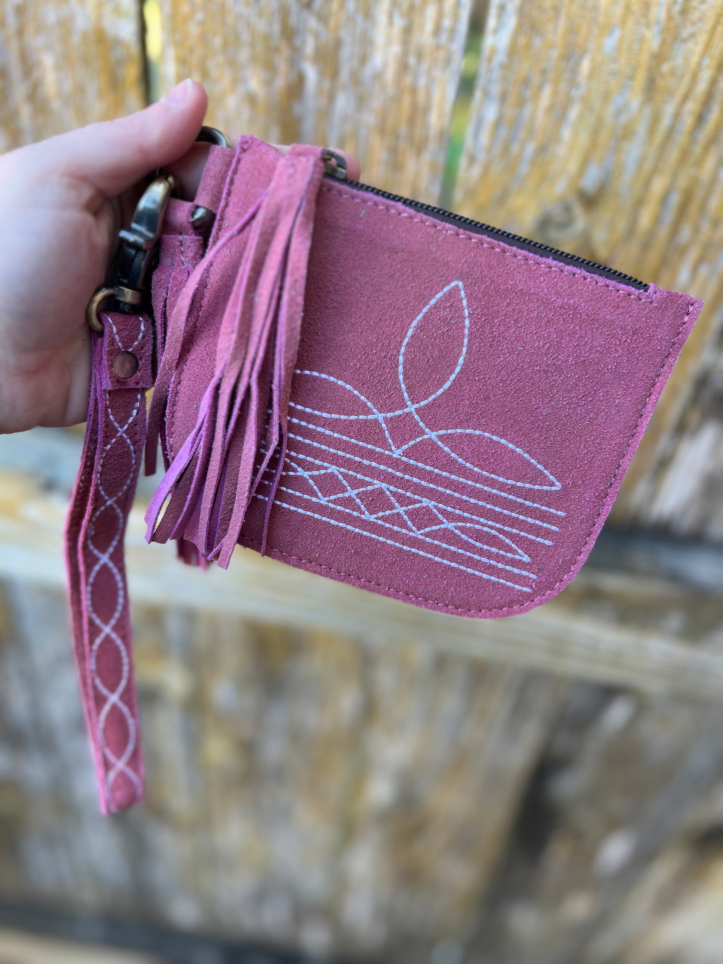 Suede Boot Stitch Wristlet Wallet