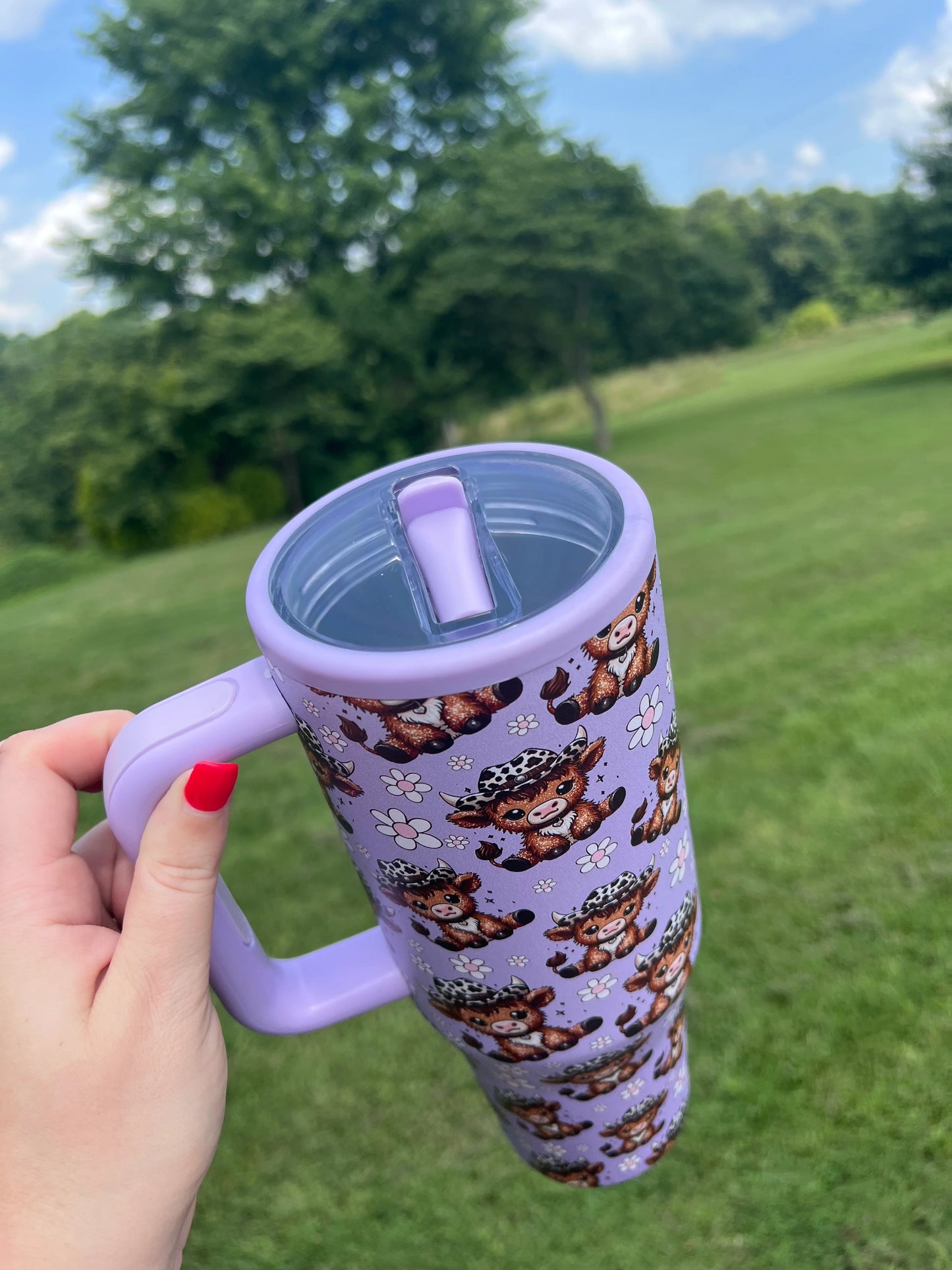 Lavender Highland Cow 40 oz Stainless Tumbler with Flip Top Straw Lid