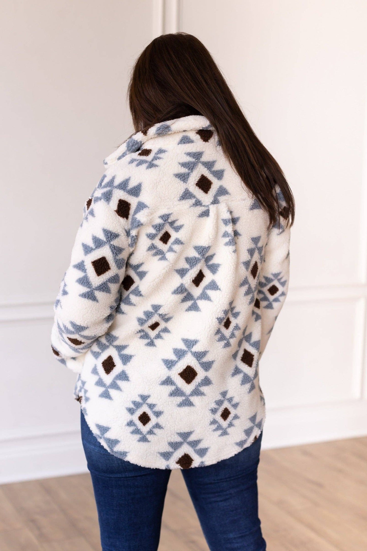 Ivory Aztec Pattern Button Down Sherpa Jacket