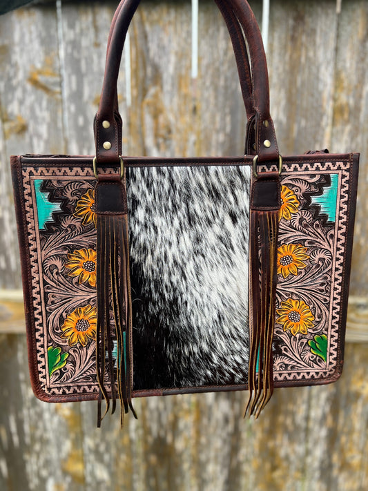 Hand Tooled Hair on Hide Turquoise Aztec and Sunflowers Ladies Handbag + Matching Wallet