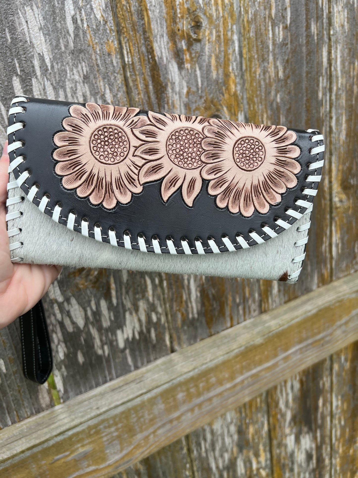 Floral Hand Tooled Leather + Hair on Hide Wristlet Wallet