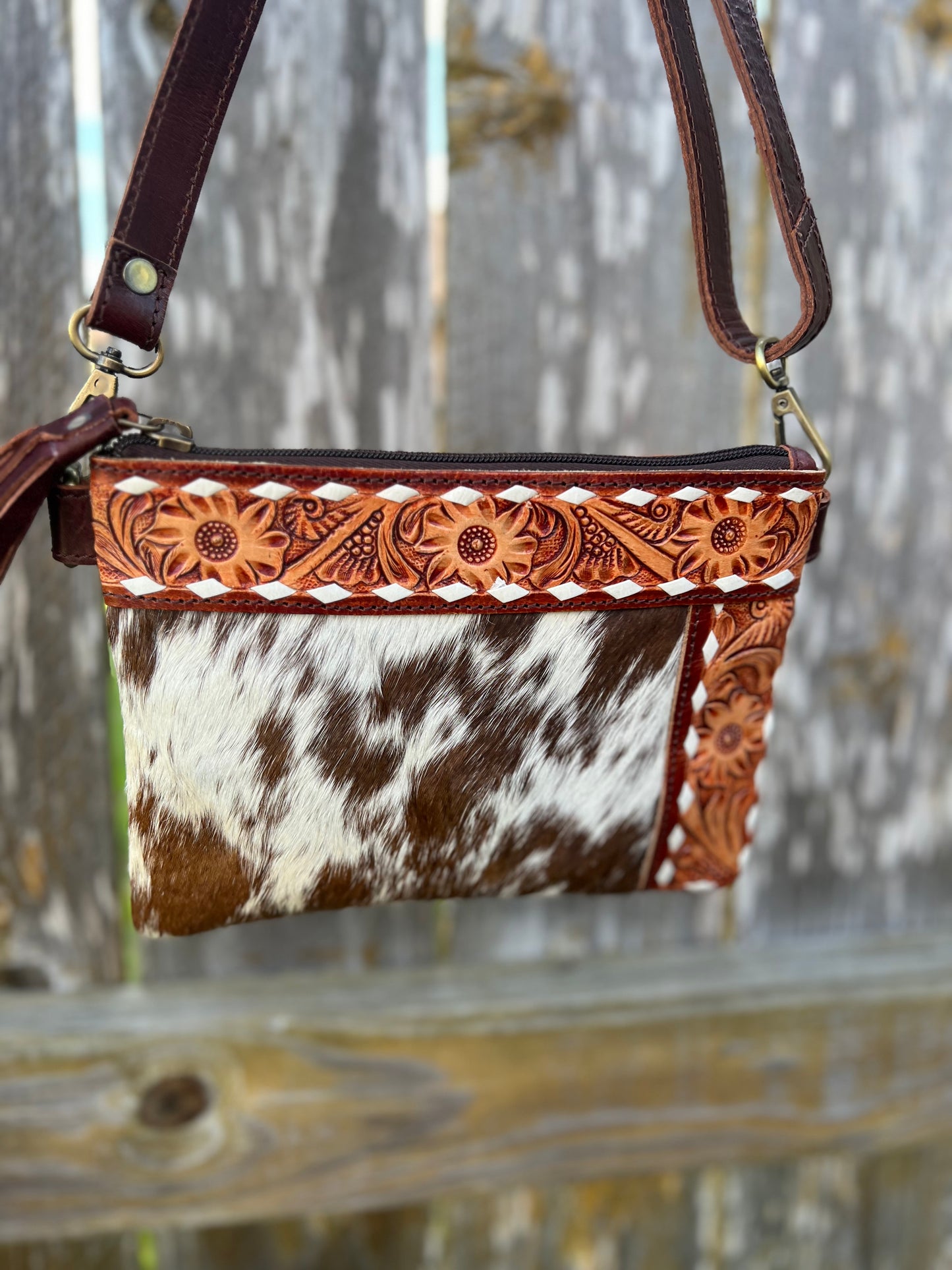 Mini Floral Tooled & Hair on Hide Crossbody/Wristlet