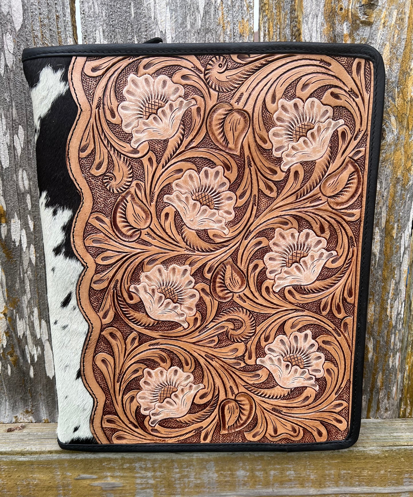 Hand Tooled Floral + Cowhide Zipper Portfolio