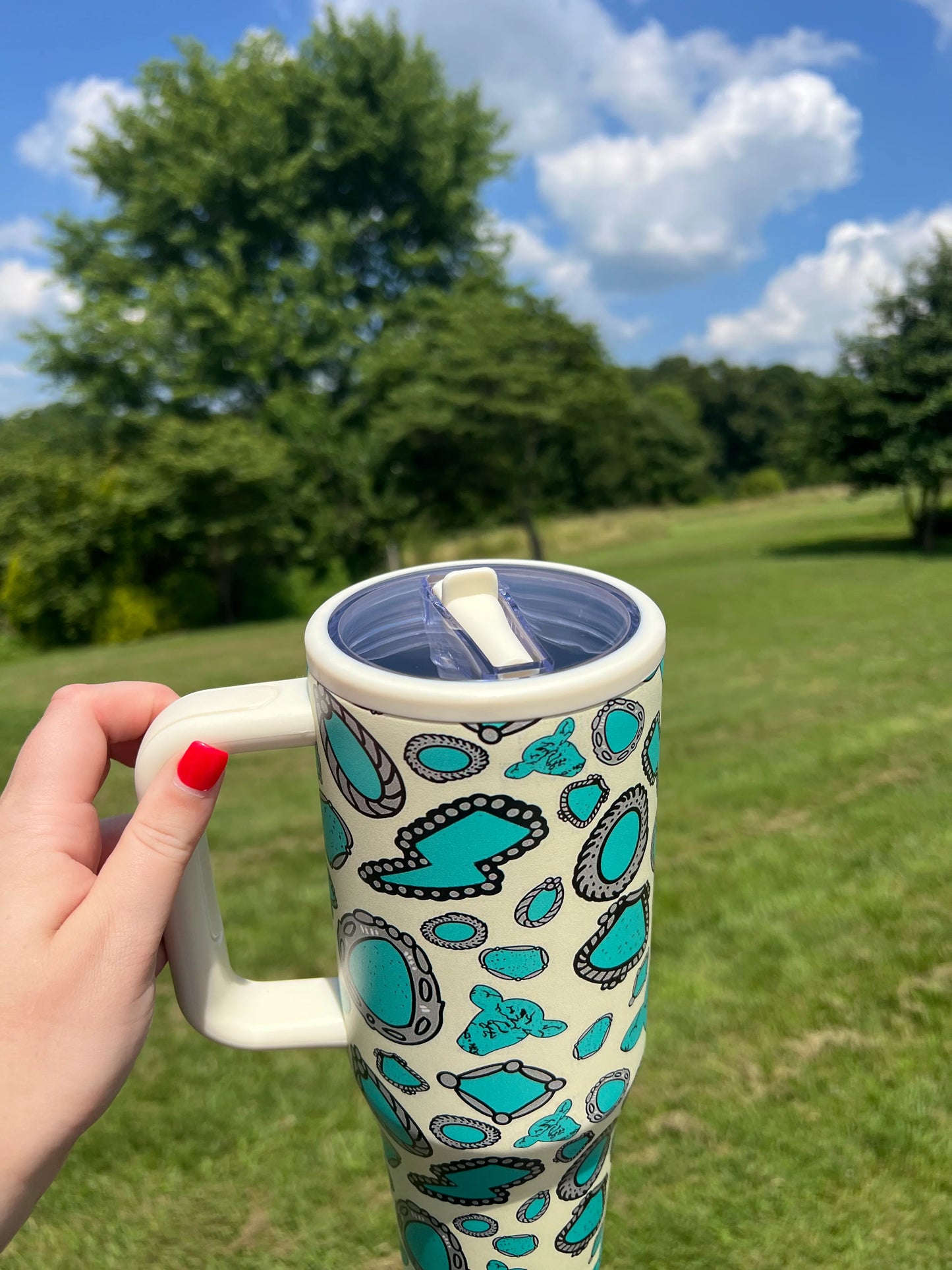 Turquoise Western Stones 40 oz Stainless Tumbler with Flip Top Straw Lid