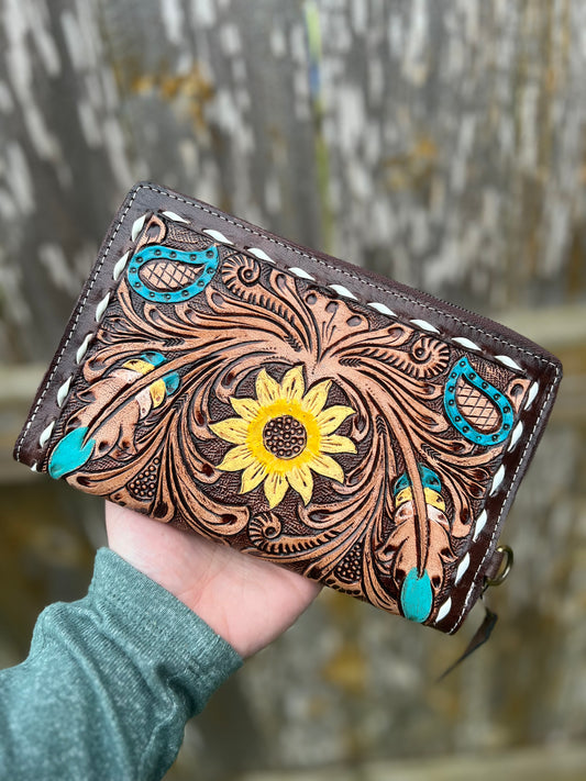 Hand Tooled Sunflower Convertible Wallet