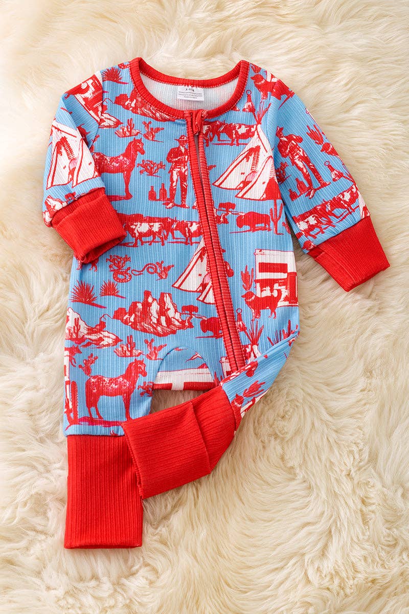 On the Trail | Blue & red western baby onesie w/zipper