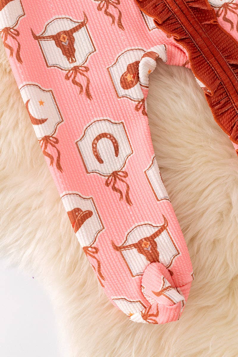 Bull Skull Western Girly Pink Ruffle Zipper Onesie
