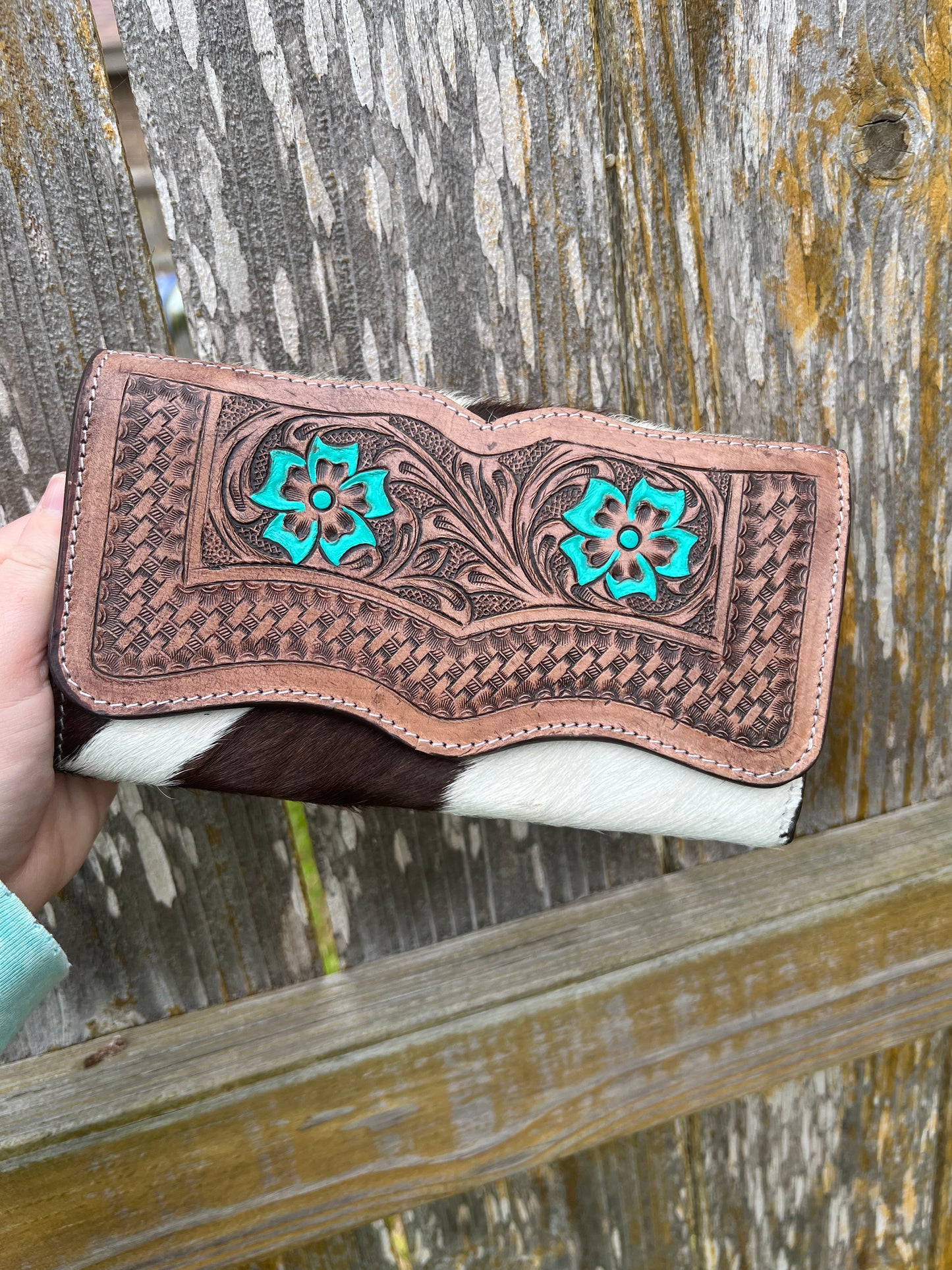 Turquoise Floral Hand Tooled Leather + Hair on Hide Wallet