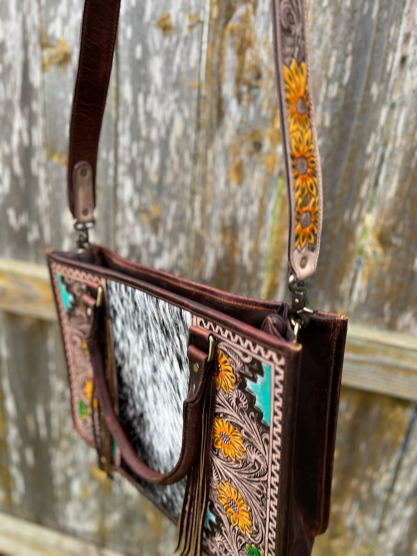 Hand Tooled Hair on Hide Turquoise Aztec and Sunflowers Ladies Handbag + Matching Wallet