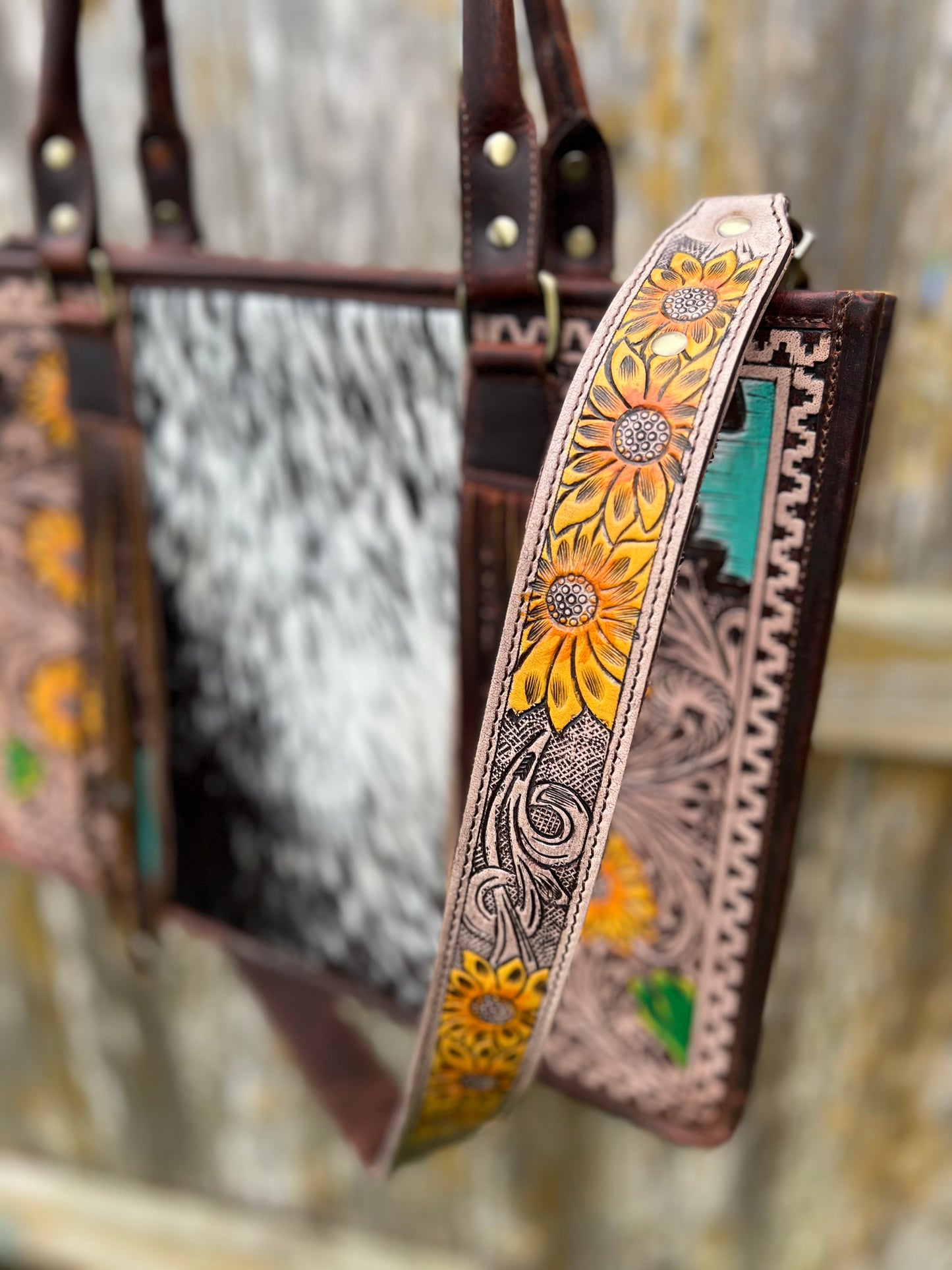 Hand Tooled Hair on Hide Turquoise Aztec and Sunflowers Ladies Handbag + Matching Wallet