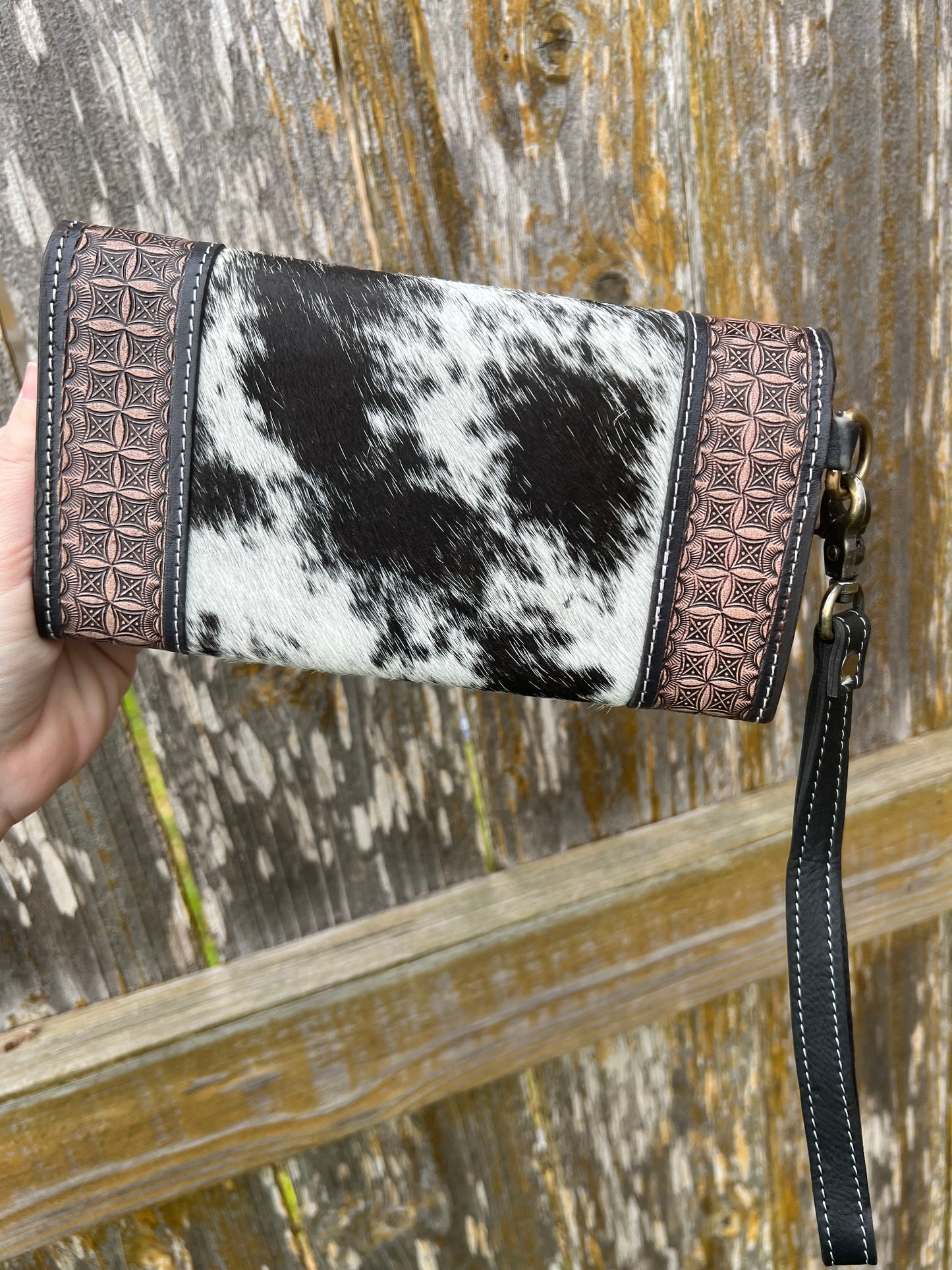 Classic Hand Tooled Leather Wristlet Wallet + Salt & Pepper Hair on Cowhide