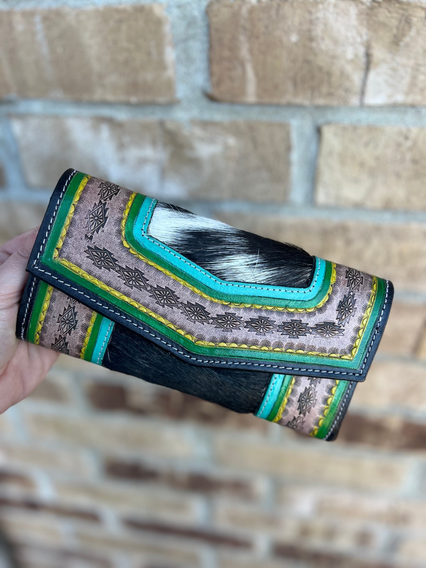 Southwestern Hand Tooled Cowhide Wristlet Wallet