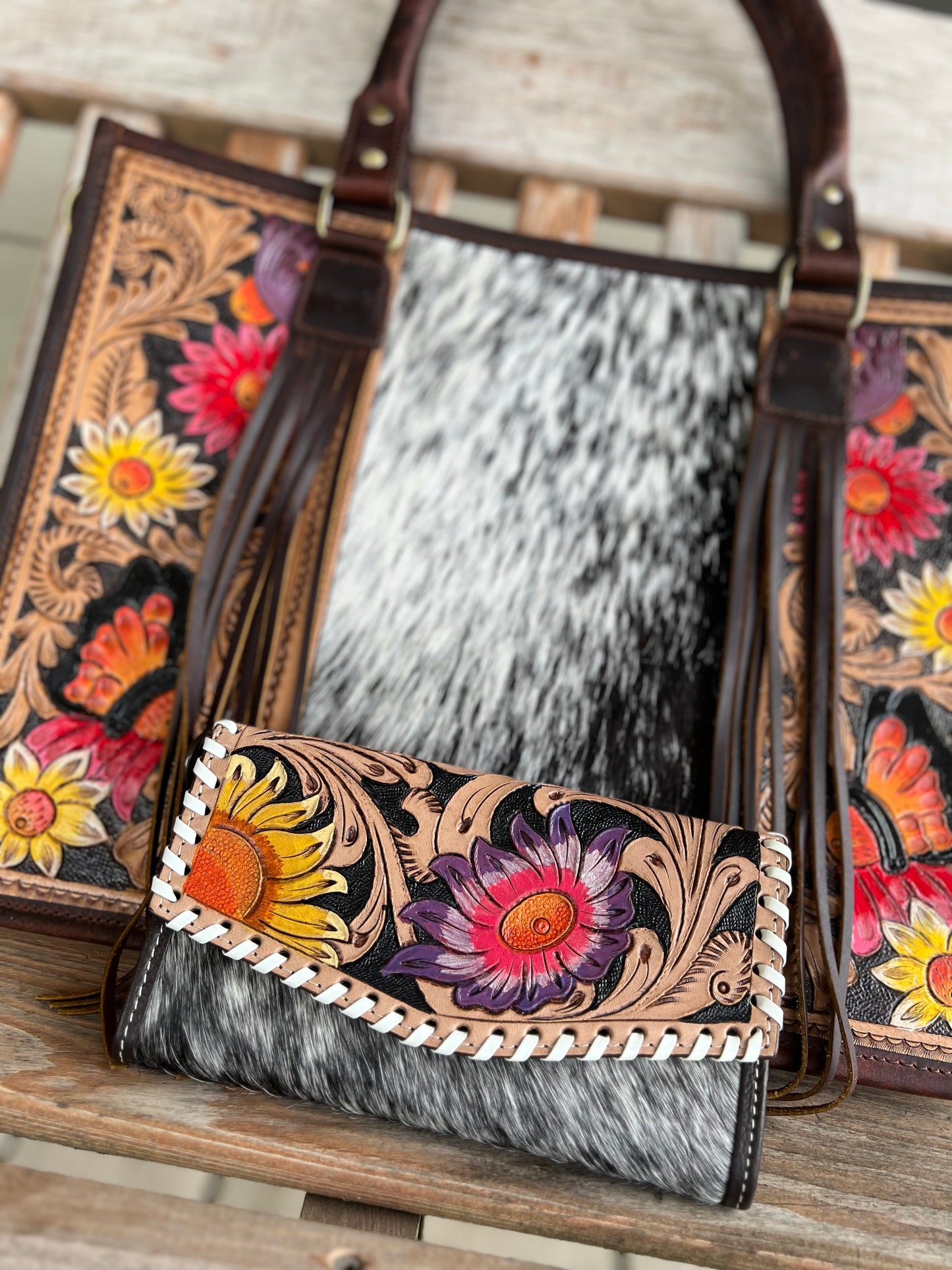 Hand Tooled Leather + Genuine Cowhide Conceal Carry Handbag & Wallet Set