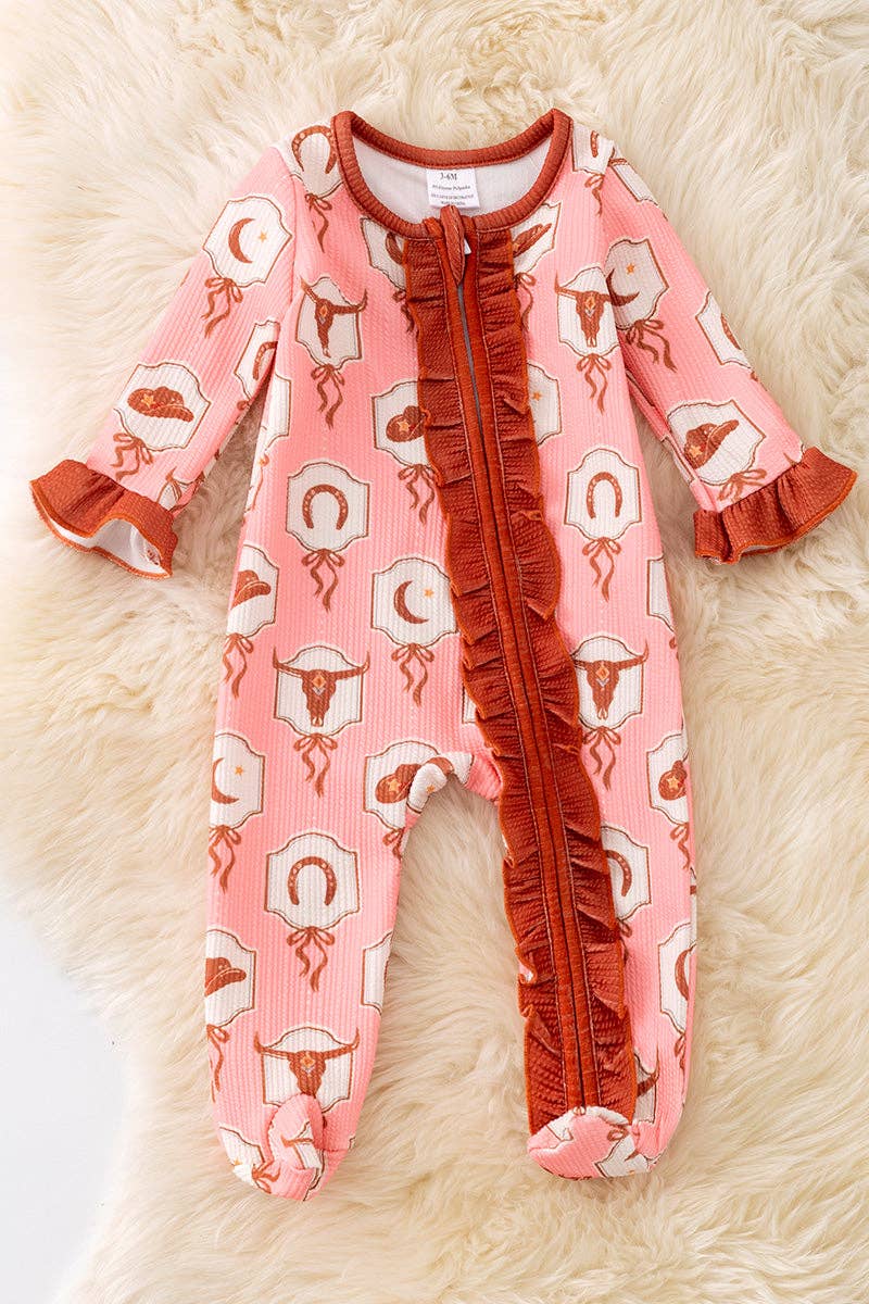Bull Skull Western Girly Pink Ruffle Zipper Onesie