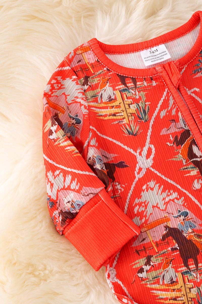 Vintage Western Toile | Red Orange Western Baby Zipper Onesie