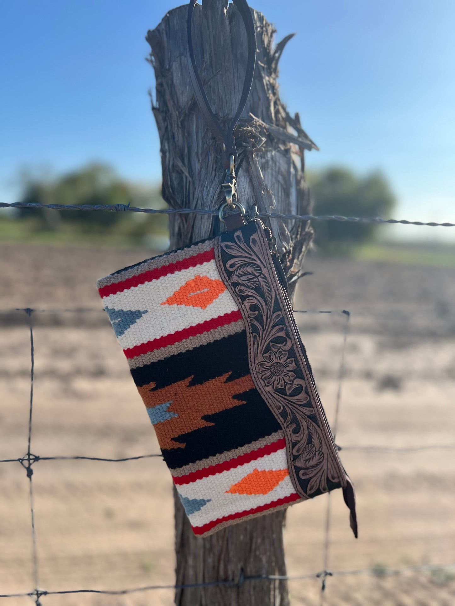 Southwestern Aztec Tooled Leather Wristlet