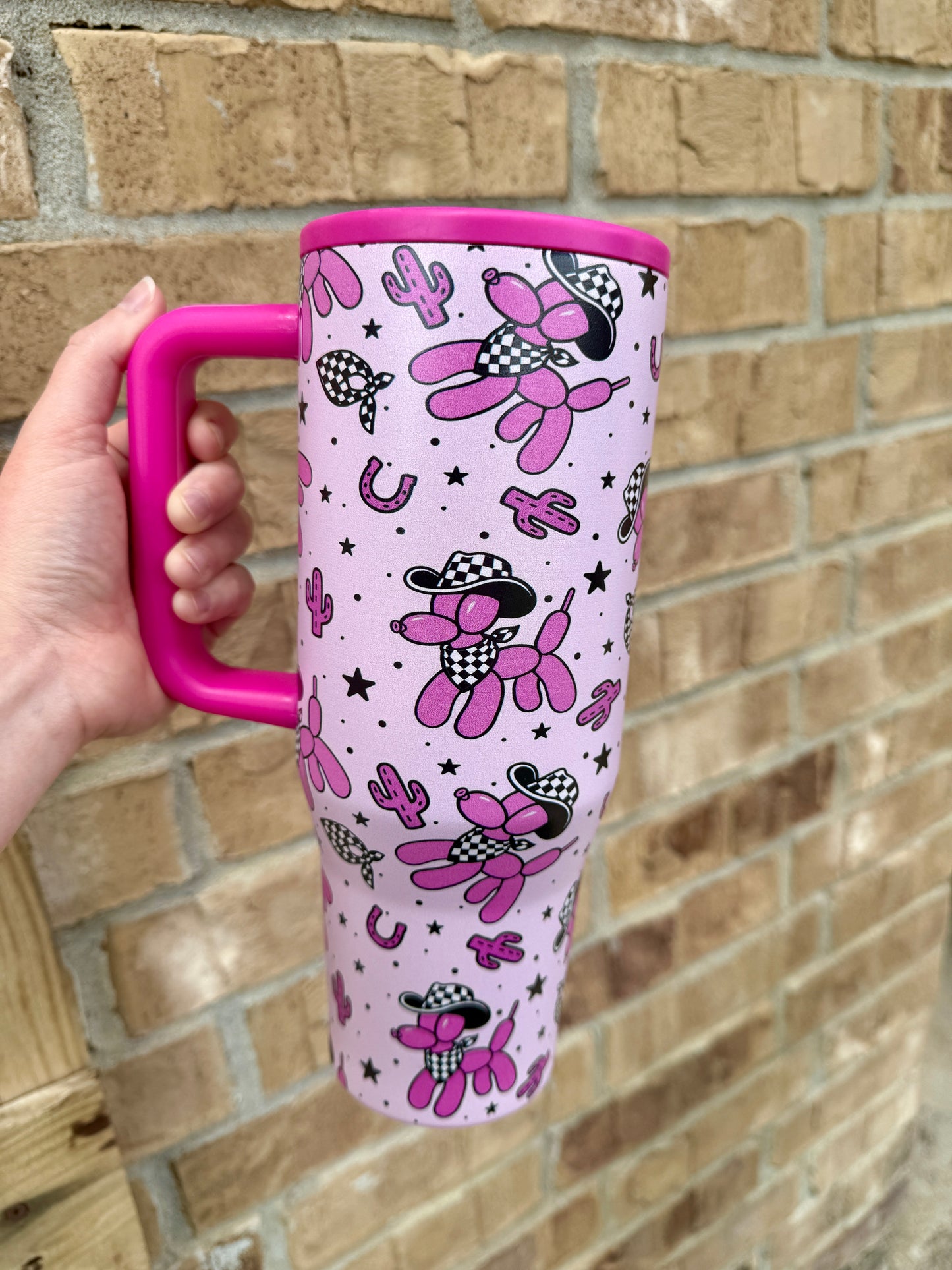 Pink Checkered Cowgirl Balloon Dogs 40 oz Stainless Tumbler with Flip Top Straw Lid