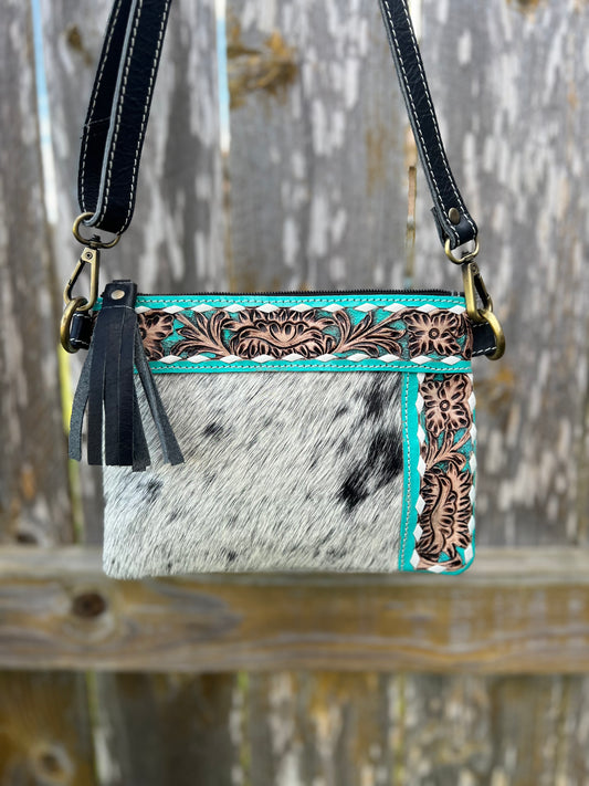 Mini Turquoise Floral Tooled & Hair on Hide Crossbody/Wristlet