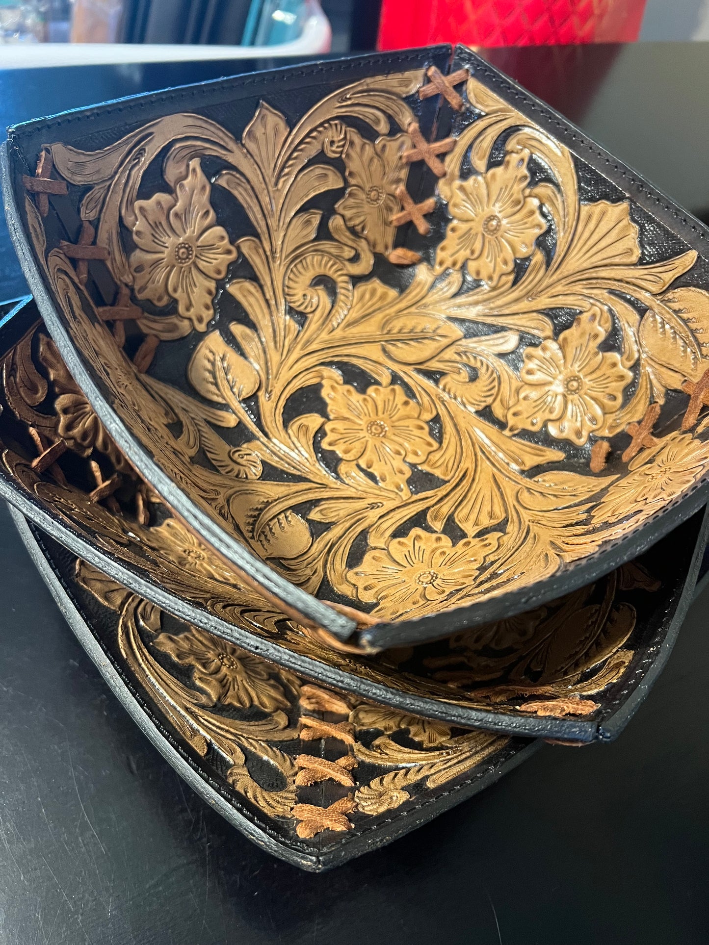 Hand Tooled Decorative Catch All Baskets