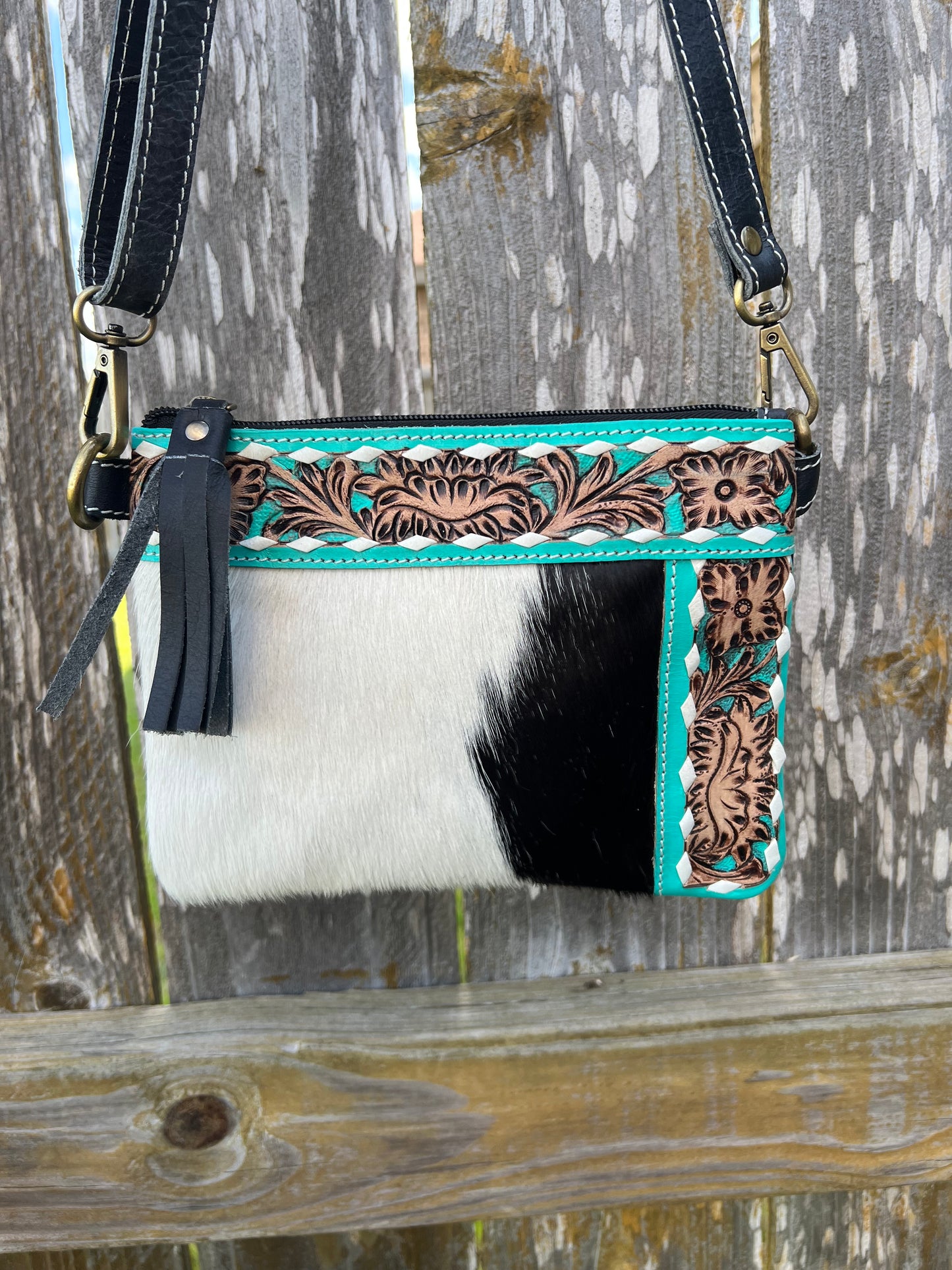 Mini Turquoise Floral Tooled & Hair on Hide Crossbody/Wristlet