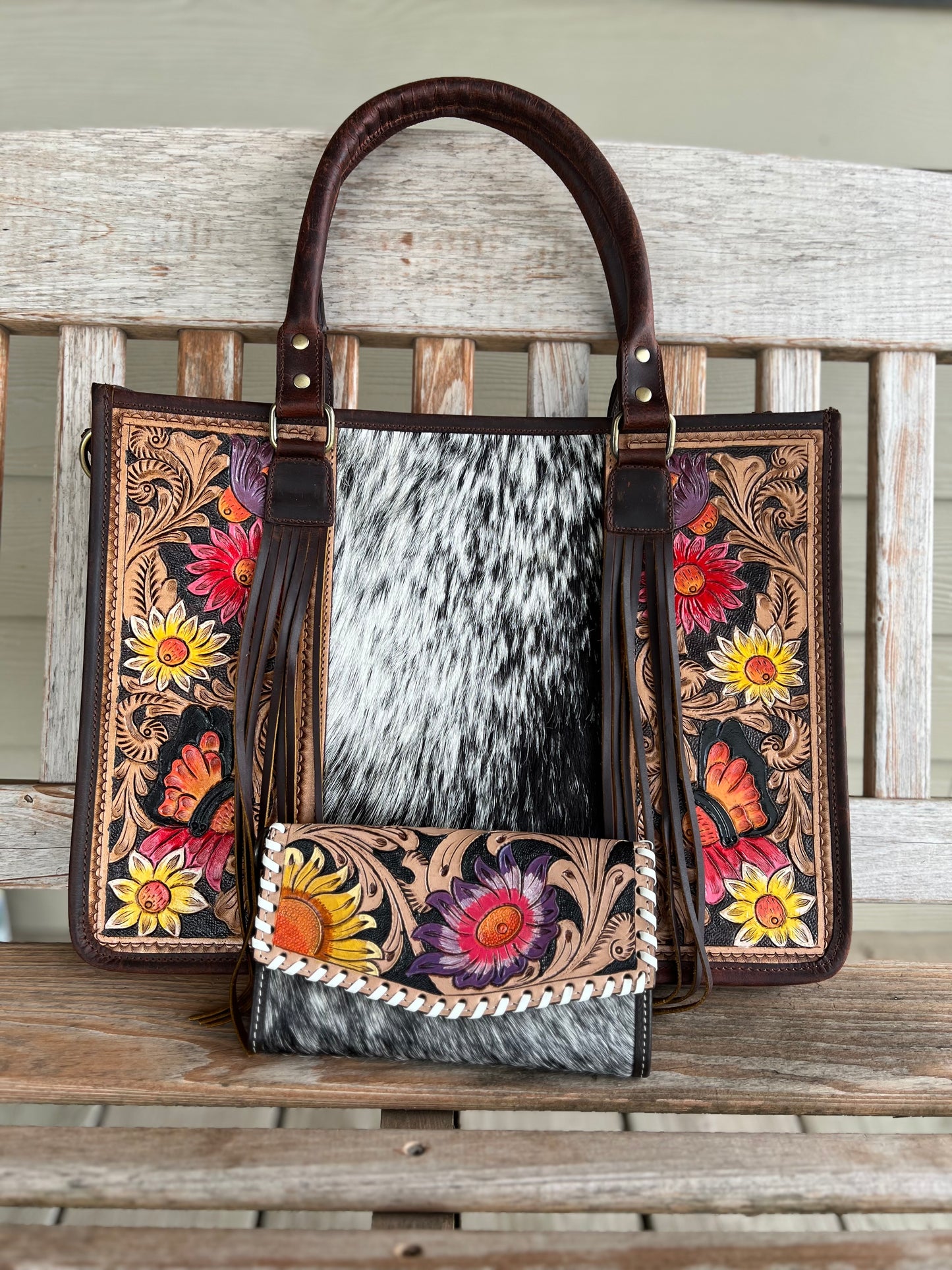 Hand Tooled Leather + Genuine Cowhide Conceal Carry Handbag & Wallet Set