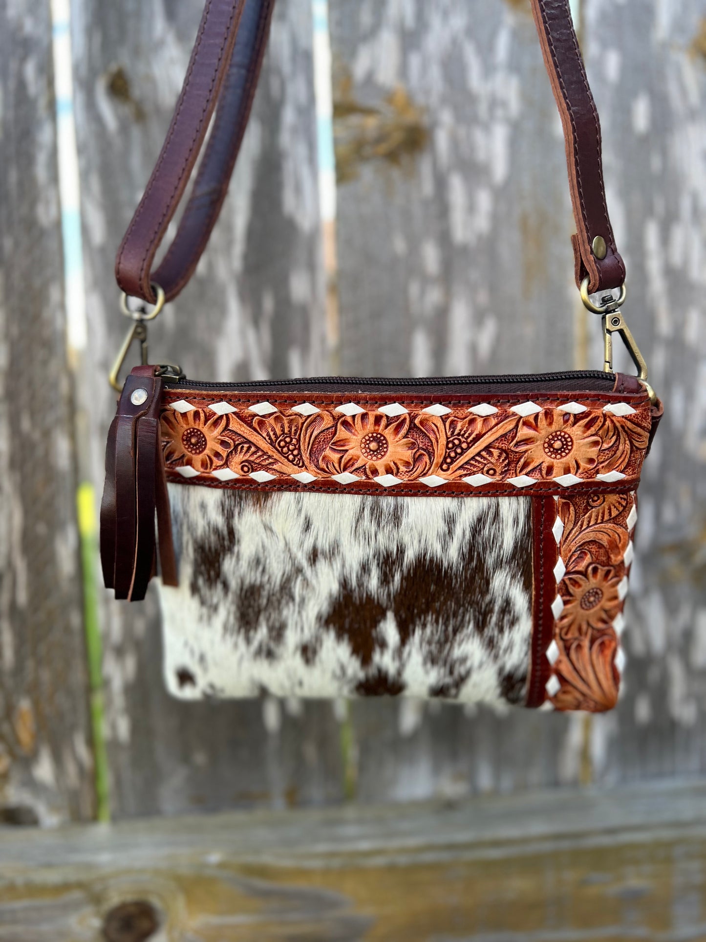 Mini Floral Tooled & Hair on Hide Crossbody/Wristlet