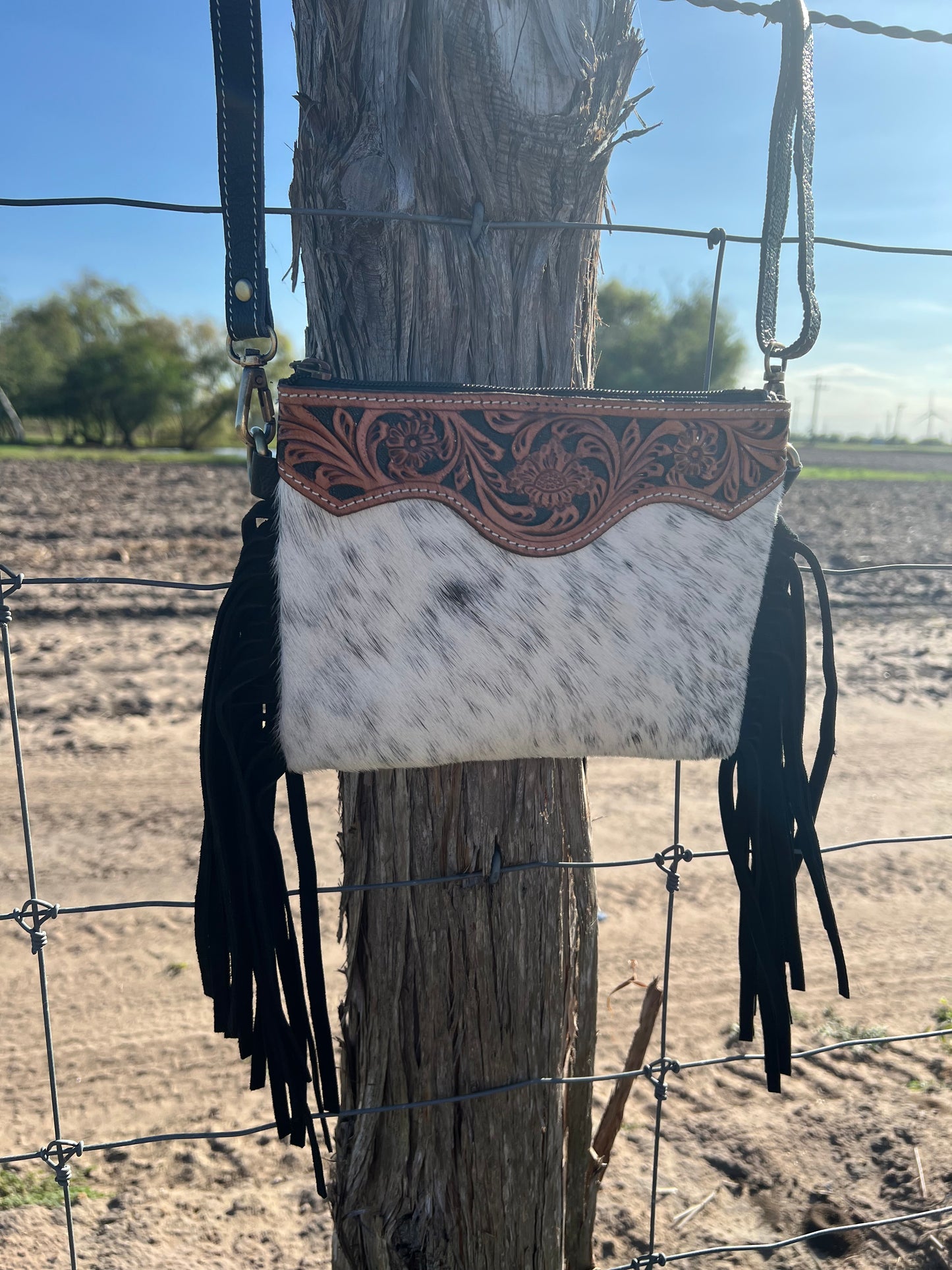 Hand Tooled Leather + Cowhide Fringe Crossbody