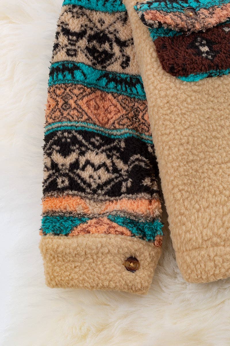 Tan & Turquoise Aztec Sherpa Shacket Button Up