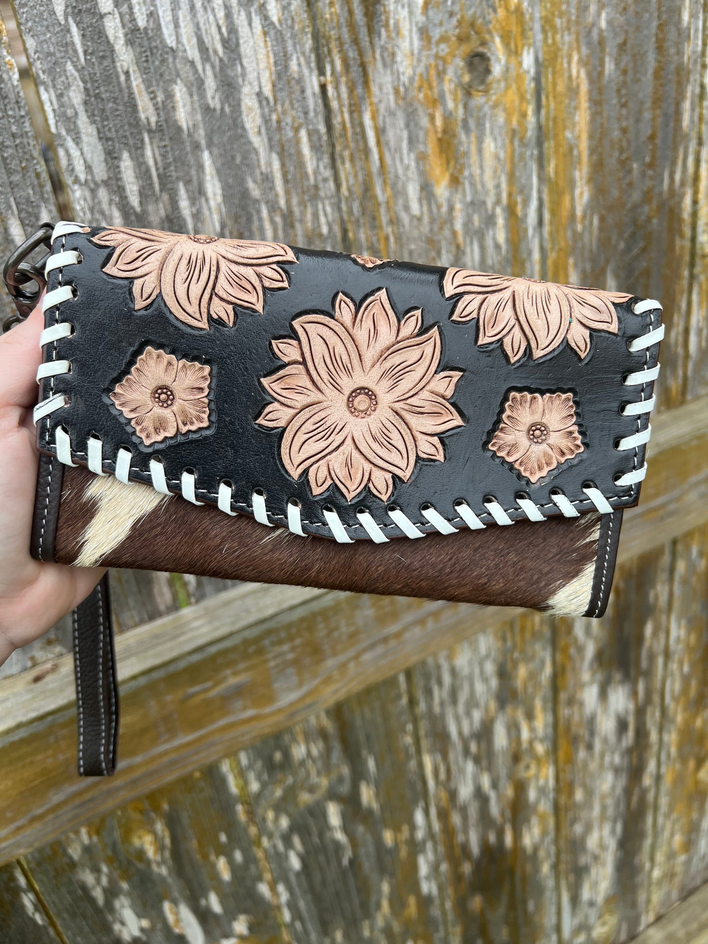 Floral Tooled Leather + Hair on Hide Wristlet Wallet