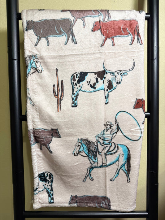 Western Cattle & Cowboy Throw Blanket