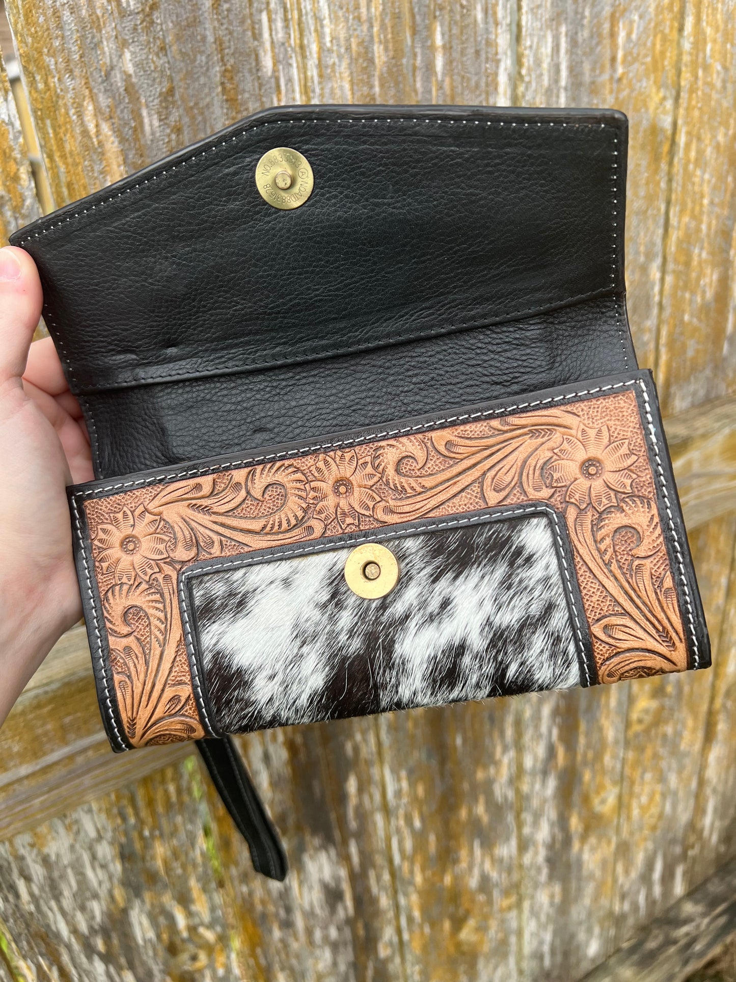 Classic Salt & Pepper Cowhide Tooled Wallet Wristlet