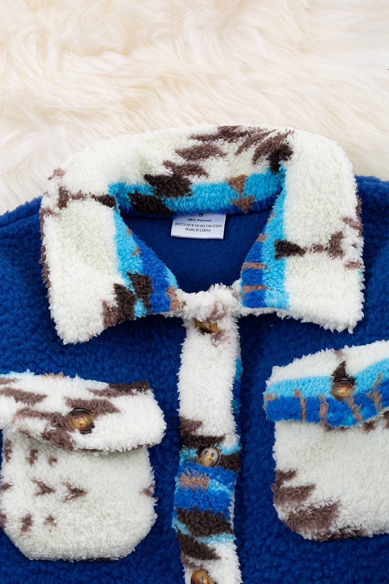 Royal Blue & White Aztec Sherpa Shacket Button Up