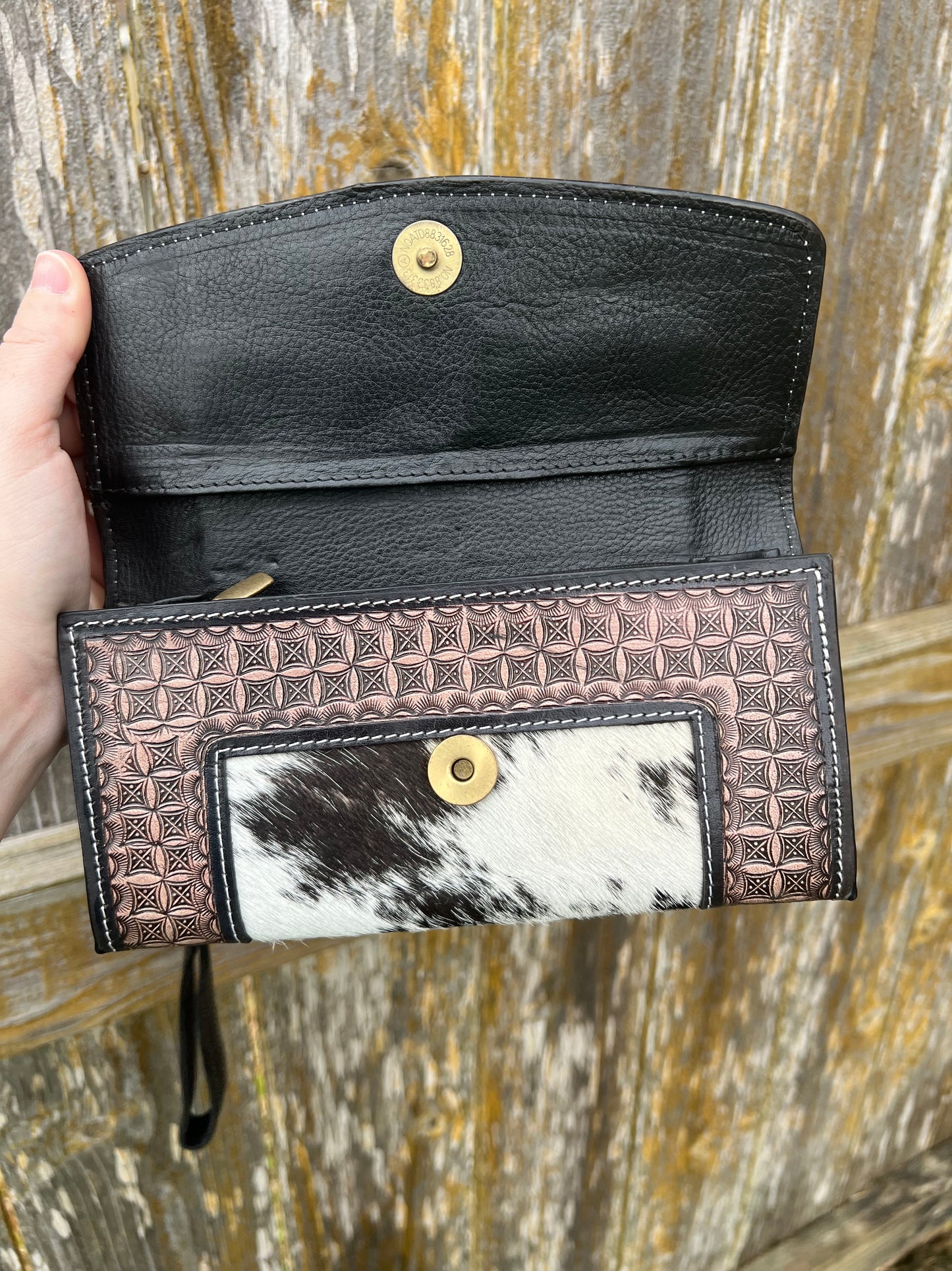 Classic Hand Tooled Leather Wristlet Wallet + Salt & Pepper Hair on Cowhide