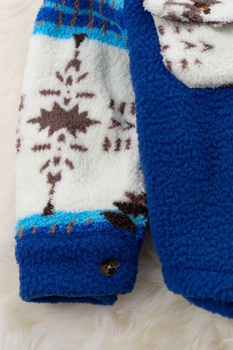 Royal Blue & White Aztec Sherpa Shacket Button Up