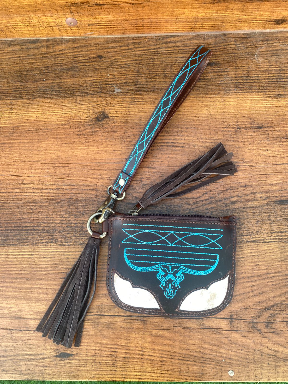 Boot Stitch Steer Embroidered Cowhide Wristlet Wallet