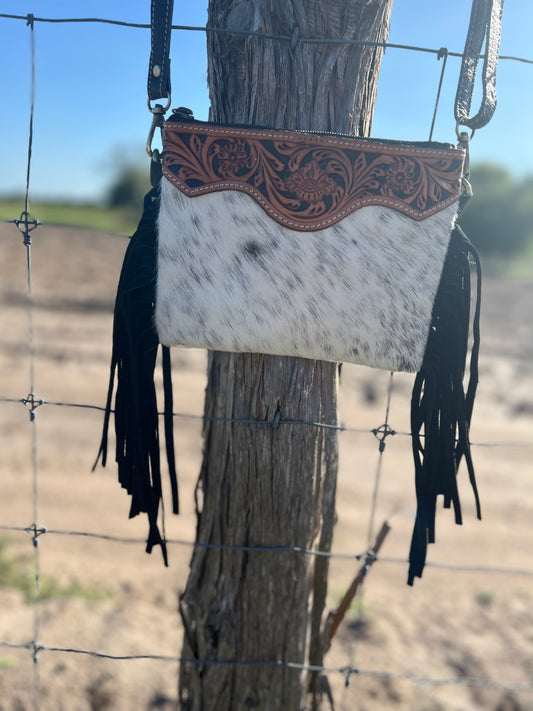 Hand Tooled Leather + Cowhide Fringe Crossbody