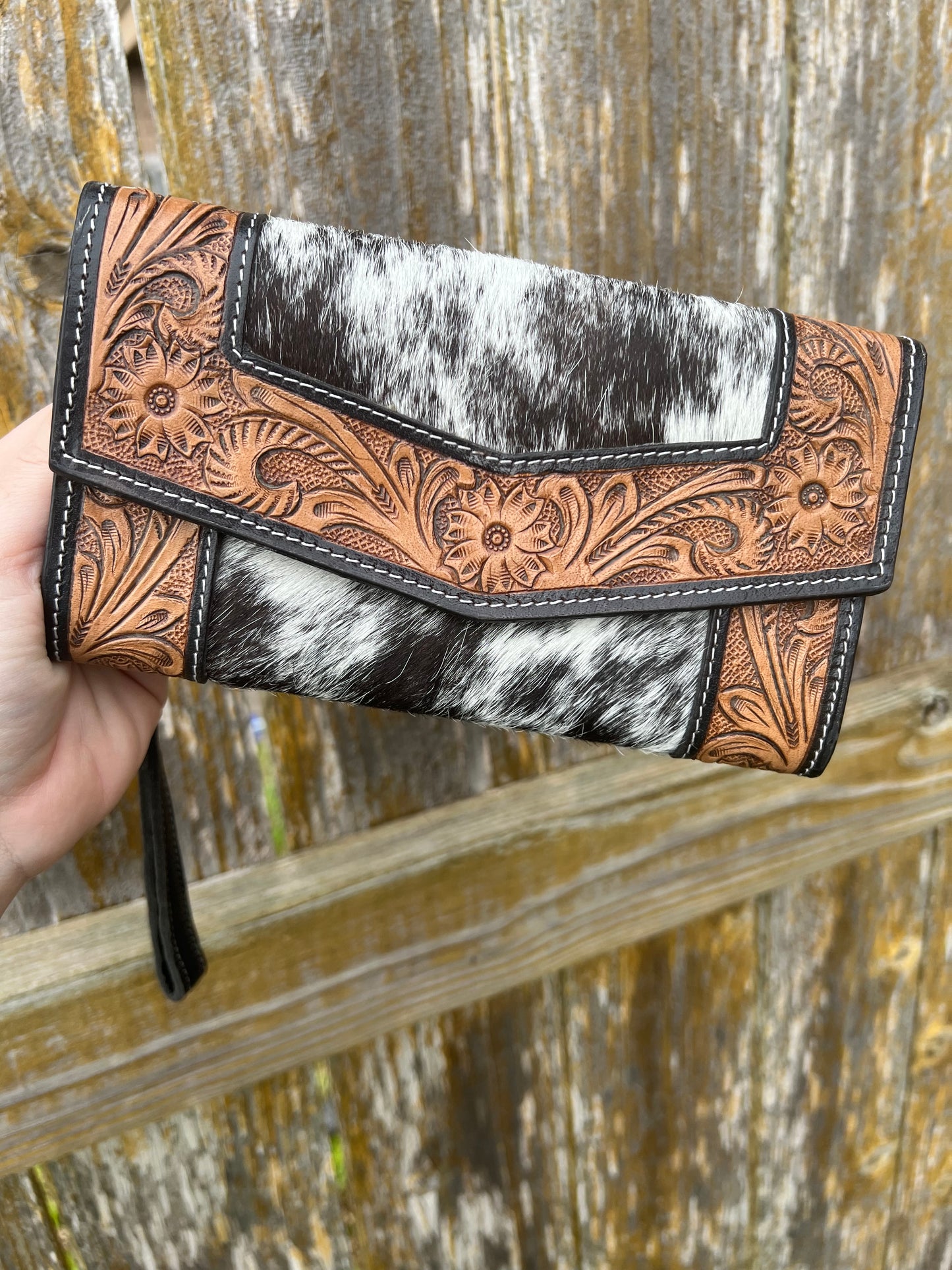 Classic Salt & Pepper Cowhide Tooled Wallet Wristlet