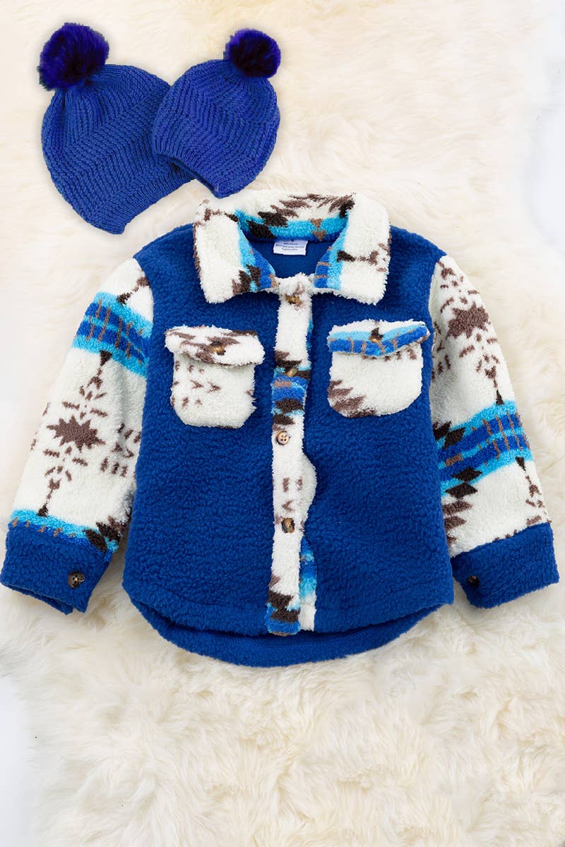 Royal Blue & White Aztec Sherpa Shacket Button Up