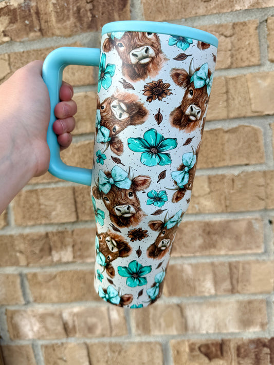 Highland Cow Coquette 40 oz Stainless Tumbler with Flip Top Straw Lid