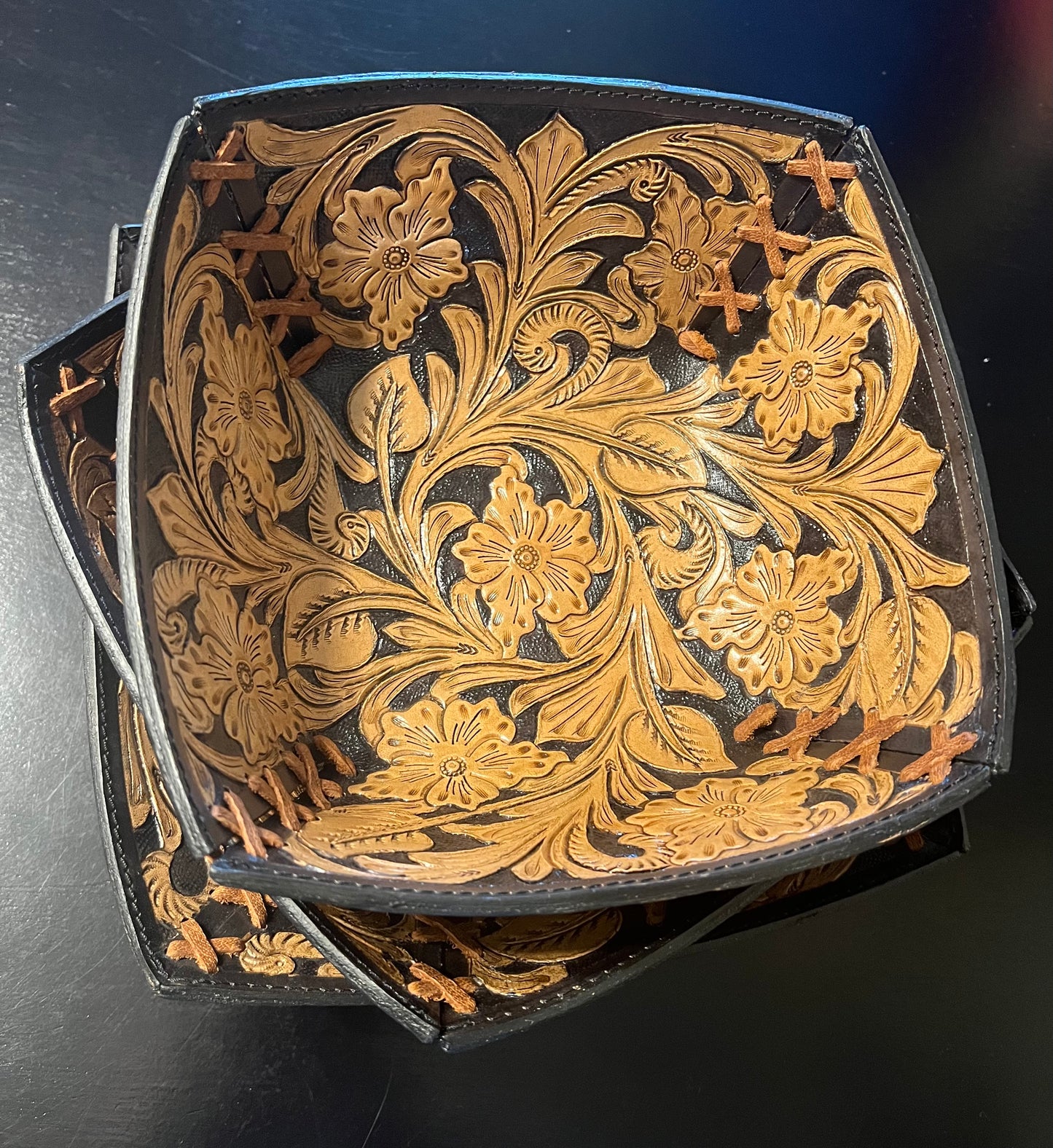 Hand Tooled Decorative Catch All Baskets