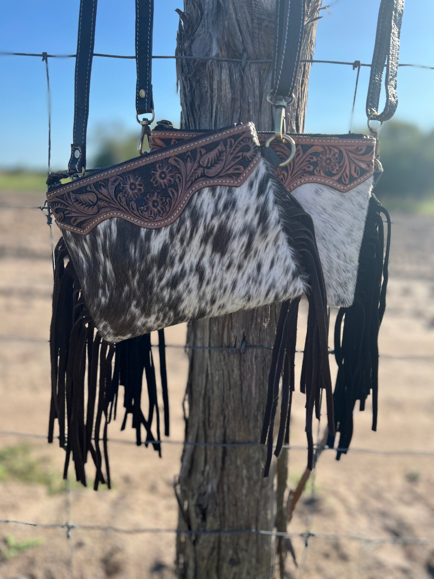 Hand Tooled Leather + Cowhide Fringe Crossbody