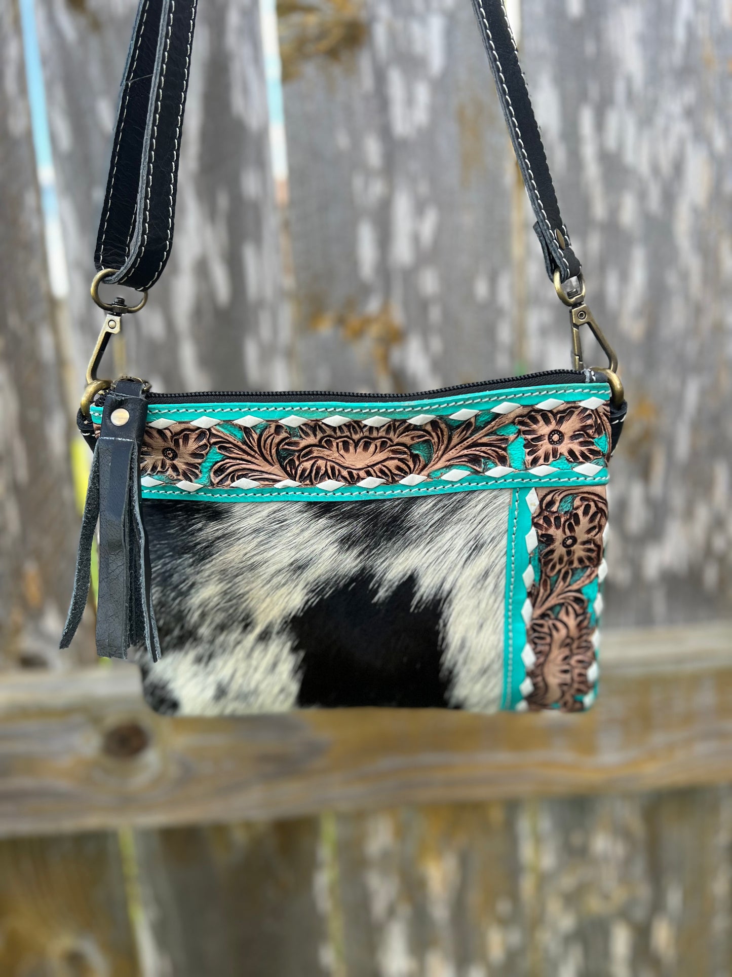 Mini Turquoise Floral Tooled & Hair on Hide Crossbody/Wristlet