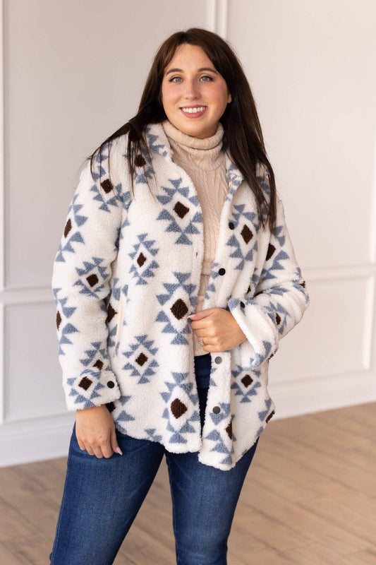 Ivory Aztec Pattern Button Down Sherpa Jacket